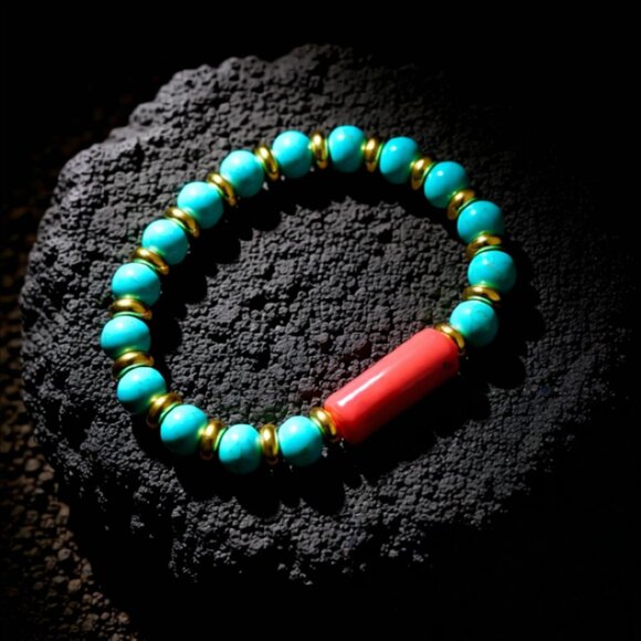 Red Coral + Turquoise Howlite + Golden Brass Spacers Bracelet ~ Summer Ready! - Picture 1 of 10